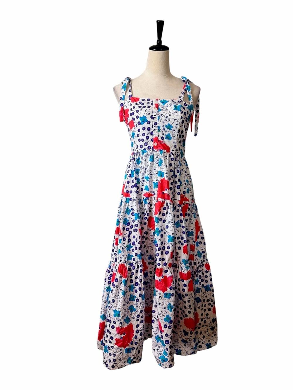 Oliphant Floral Block Print Tie Shoulder Tiered Cotton Maxi Dress Women's Size S